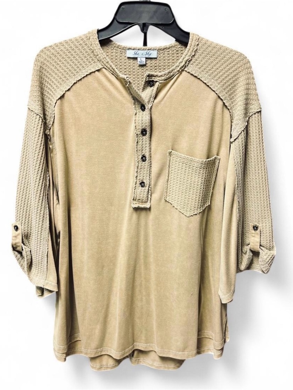 She + Sky Tan/Light Olive Green Waffle-Trim Henley Roll Tab Sleeve Top Sz L